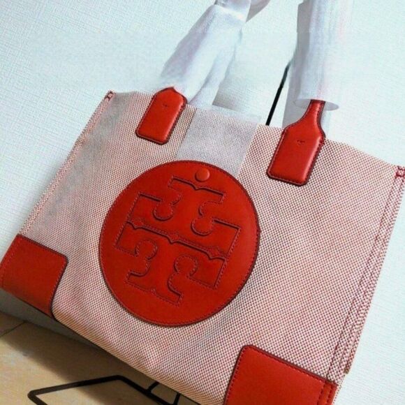 TORY BURCH Handbag Ella Vermilion Canvas x Leather Big Logo Genuine Product - Picture 1 of 10